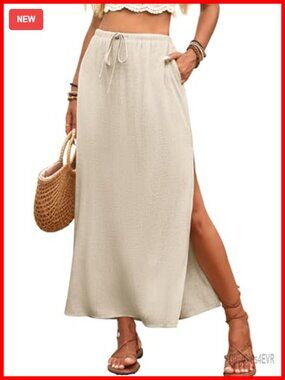 Linen Straight Maxi Skirt with Side Slit Long Flowy Skirt & Pocket
